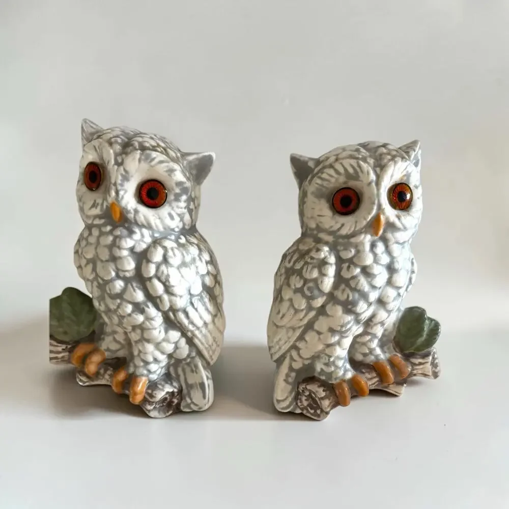 Vintage Ceramic Owl Wall Plaques Pair | Orange Amber Eyes | Mid Century Woodland